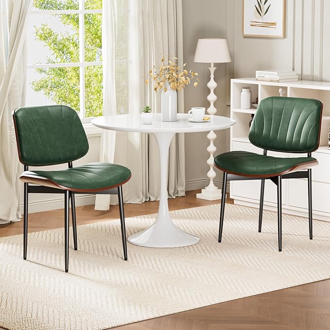 Dining Chairs Set of 6, Mid-Century Modern Upholstered PU Leather Chairs with Walnut Bentwood Back and Metal Legs Adjustable Feet for Kitchen Dining Room, Dark Green Shell Strips