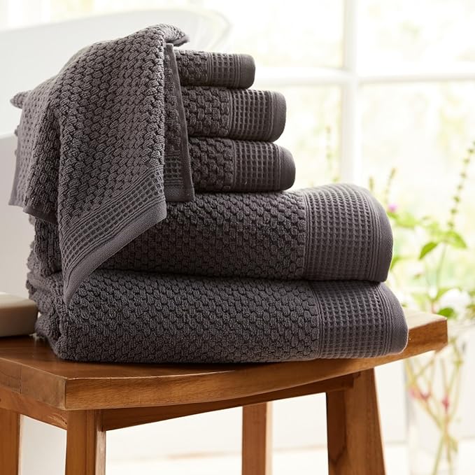 Market & Place 100% Cotton Waffle Textured Bath Towels Set of 4 | Super Soft Quick Dry Bath Towels | Decorative Towels for Bathroom | Belle Collection (Charcoal)