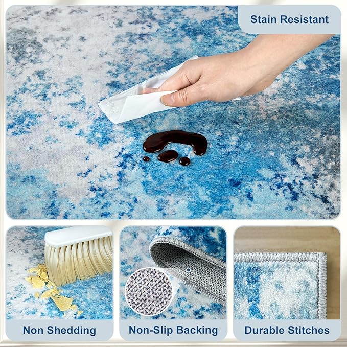 5x7 Washable Area Rugs - Living Room Rug Neutral Modern Abstract Large No Slip Soft Thin Rug Indoor Floor Carpet for Bedroom Under Dining Table Home Office Nursery Room - Blue White