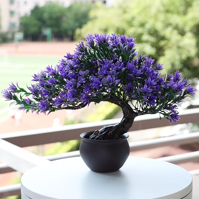 Artificial Bonsai Tree - Fake Plants for Home Decor, Bookshelf Coffee Table Office Desk Bathroom Farmhouse Indoor Decor, 9.5" Tall, Purple