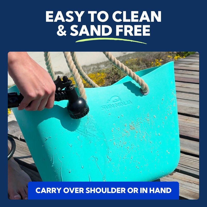 SUN NINJA Rubber Beach Bag - Extra Large Waterproof EVA Tote Bag with Comfortable Rope Handles for Beach, Boat, Pool, Outdoors & Travel - Washable, Sandproof & Anti-Skid Bottom Grip - Turquoise