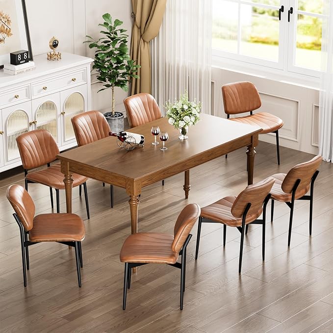 Dining Chairs Set of 2, Dining Room and Kitchen Chairs, Mid Century Modern Accent Chair, Upholstered PU Leather Chairs for Vanity with Walnut Bentwood and Metal Legs, Light Tan