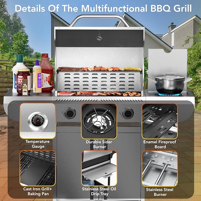 Electactic G41 Pro BBQ Grill,Heavy-Duty Stainless Steel Gas Grill, 4 Burner Gas Grill with Side Burner,42000 BTU Propane Grill for Outdoor Cooking,Barbecue,Garden and Patio Backyard