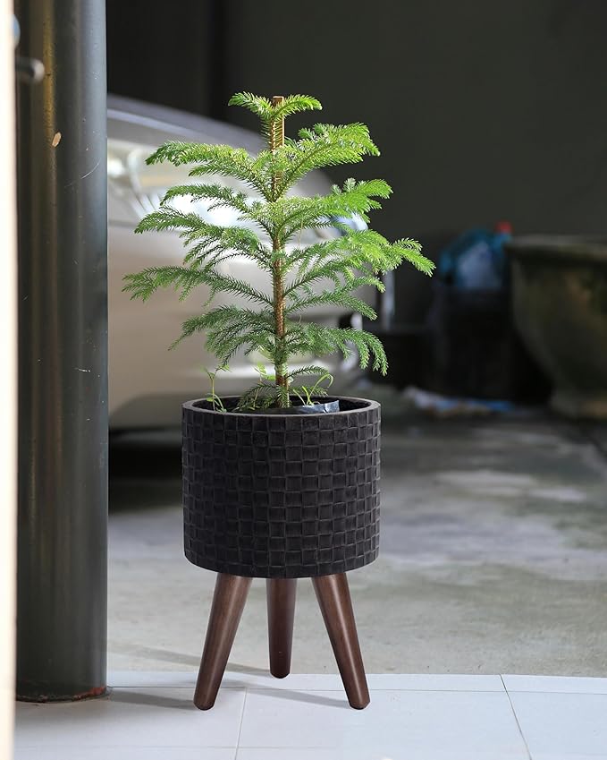 D'vine Dev 8 Inch Modern Geometric Tile Patterned Sleek Planter Pot with Stand, Indoor Outdoor Decorative Plant Holder, Distressed Black, 88-Z-A-5