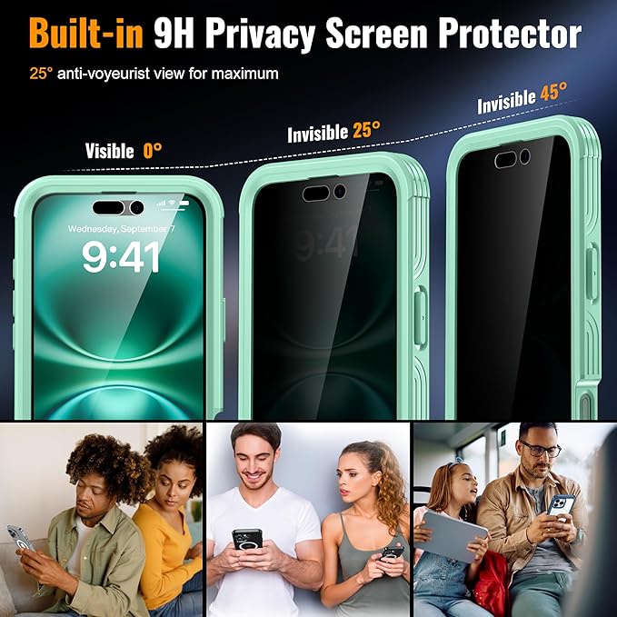 360° Protection Magnetic for iPhone 16 Case Built-in 9H Privacy Screen Protector & Metal Stand[Fit for Magsafe][Anti-Spy][Lens Protector] Heavy Duty Shockproof Phone Case for iPhone 16(Green)