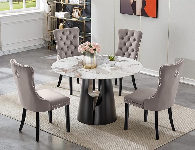 5-Piece Faux Marble Round Dining Table Set for 4, Modern Luxury Kitchen Table Set for 4 with Grey Tufted Chairs,Circle Dining Tables with Pandora Grain Top and Black Pedestal Base