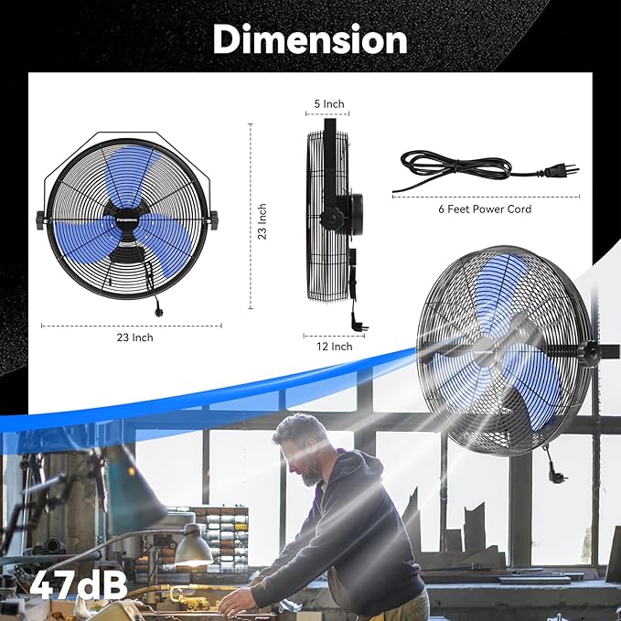 Fanqiebros 4580 CFM 18 inch High Velocity Wall Mounted Fan, 3-Speed Metal Fan with Sealed Motor, 360 Degree Tliting Heavy Duty Wall Fan for Patio, Barn, Garage, and Gazebo - UL listed