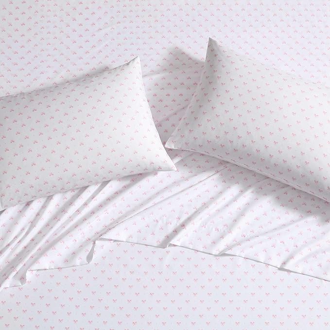 Laura Ashley - Kids Sheet Set, Ultra-Soft & Breathable Toddler Bedding with Matching Pillowcases, Wrinkle-Resistant, Ideal Girl Room Essentials (Lovely Bows Pink, Queen)