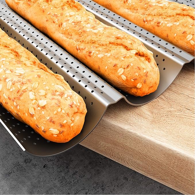 Tiawudi 2 Pack Nonstick Perforated Baguette Pan 15" x 13" for French Bread Baking 4 Wave Loaves Loaf Bake Mold Oven Toaster Pan (Silver)