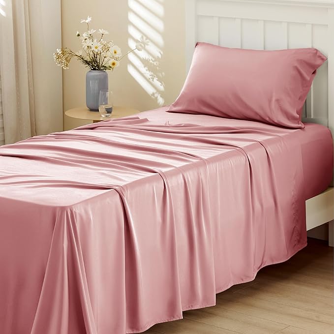 Bedsure Cooling Sheets Twin, Rayon Derived from Bamboo, Breathable & Soft Twin Sheets Set, Deep Pocket Up to 16 Inches, Hotel Luxury Silky Bedding for Hot Sleepers, Blush Pink