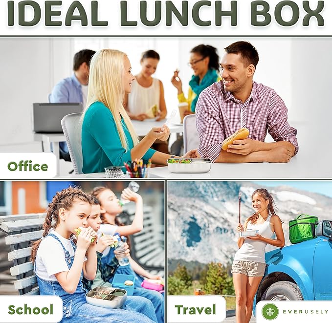Everusely - Bento Box - Sage, 37oz / 1.1 L - Stainless Steel Lunch Box with Leakproof Condiment Container - 3 Compartment Snack Organizer for On the Go Meals - Freezer & Dishwasher Safe
