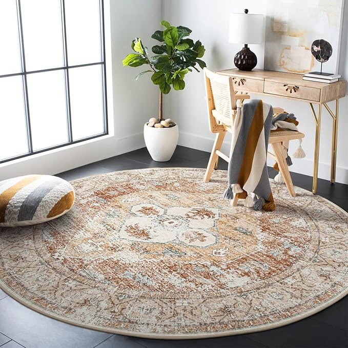 Lahome Boho Circle Rug - 6Ft Washable Round Area Rugs for Living Room Non-Slip Throw Dining Room Rug Large Round Carpet, Oriental Distressed Print Circular Mat for Office Classroom Bedroom Sofa