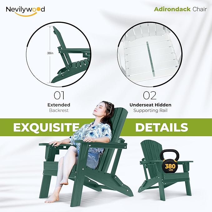 nevilywood Folding Adirondack Chair - Extended Ergonomic Backrest, Cup Holder - Easy Assembly - Durable HDPE Plastic, Weather Resistant & Maintenance-Free - Lawn, Patio, Deck Supports 380lbs,Green