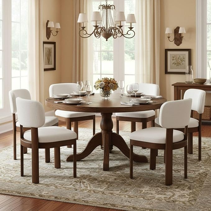 Beige Dining Chairs Set of 6 Mid Century Modern Upholstered Dining Room Chairs with Curved Backrest and Wooden Legs for Kitchen Island, Dining Room