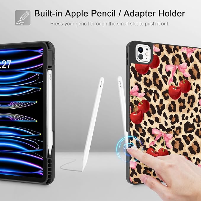 May Chen for iPad Pro 13 Inch Case M5 2025 / M4 2024 Tablet Cases Trifold Stand + Pencil Holder + Auto Wake/Sleep + Soft TPU Protective Stand Back Cover Cherry &amp Cheetah