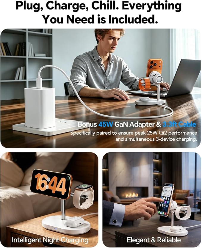 Qi2.2 25W 3 in 1 Mag-Safe Charger with TEC Active Cooling Charging Station | Qi 2 Wireless Charger Fast Charging for iPhone 17-8Galaxy S26/Note/Z Fold Flip8Apple/Samsung WatchPods/Buds(45W Adapter)