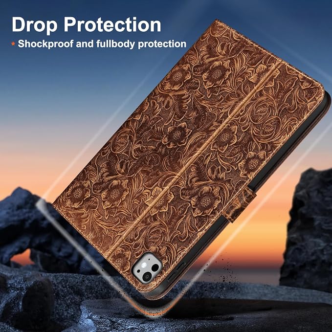 Gexmil Leather Case for iPad Pro 13 Inch M5/M4 2025/2024Crocodile Brown | Genuine Leather Cover with Magnetic ClosureSmart Folio Auto Sleep/WakeProtective ShockproofAdjustable Stand