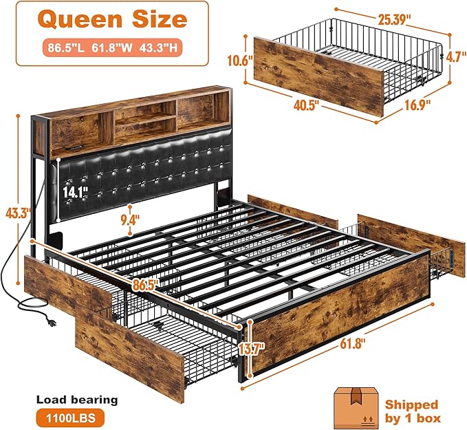 EnHomee Queen Bed Frame with 4 Storage Drawers, Bed Frame Queen Size with Upholstered Headboard and Built in Charging Station, No Noise, Metal Support, No Box Spring Needed,Vintage Brown