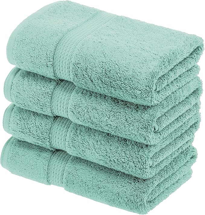 Superior Egyptian Cotton Pile Hand Towel Set of 4, Ultra Soft Luxury Towels, Thick Plush Essentials, Absorbent Heavyweight, Guest Bath, Hotel, Spa, Home Bathroom, Shower Basics, Sea Foam