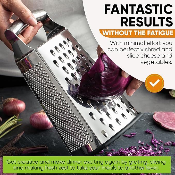 Spring Chef Stainless Steel Cheese Grater, Large Box Grater for Kitchen
