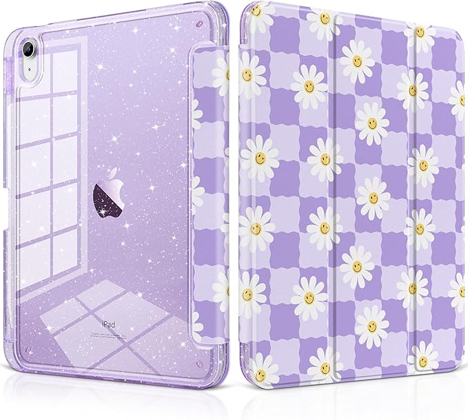 MEEgoodo Case for iPad A16 11th Generation 2025/10th Generation 2022 Glitter Tablet Cases with Transparent Acrylic Back+Trifold Stand +Pencil Holder+Auto Wake/SleepAbstract Sun &amp Palm Tree