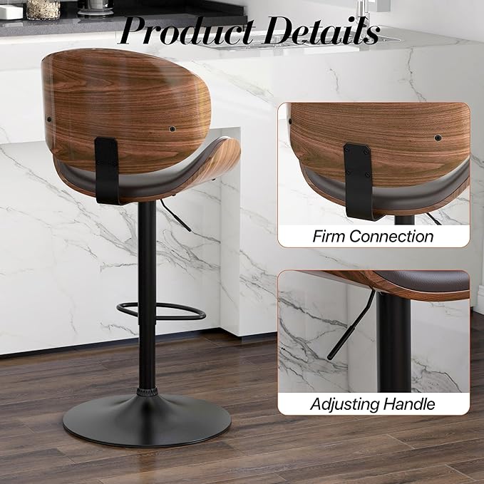 Adjustable Swivel Bar Stools Set of 3, Modern Bentwood Barstool with Large Metal Base and Footrest, PU Leather Upholstered Bar Chair with Curved Back for Kitchen Island Dining Room, Brown