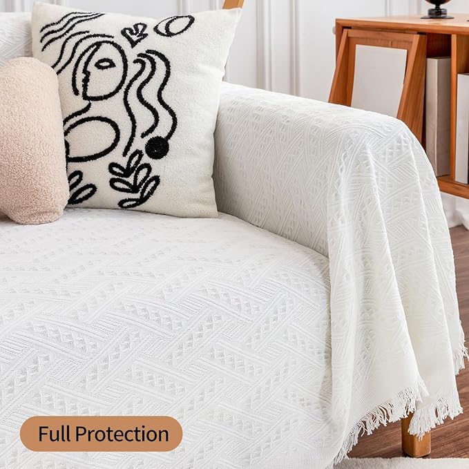 Deep Dream Sofa Cover, Sectional Couch Covers, Couch Covers for 3 Cushion Couch, Couch Cover for Dogs, Geometrical Jacquard Fabric Sofa Cover (Large, 71" x 102", White)