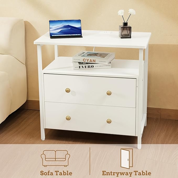 Edbuosy 27 inch Wide Night Stand Set 2 with Charging Station, Bedside Table with Open Shelf, 2 Drawers Small Wood Dresser, Modern Wood Nightstand for Bedroom/Living Room (White)