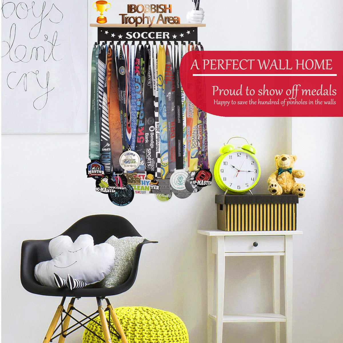 iBobbish Soccer Trophy Shelf for Wall, Soccer Medal Hanger Display with Shelf