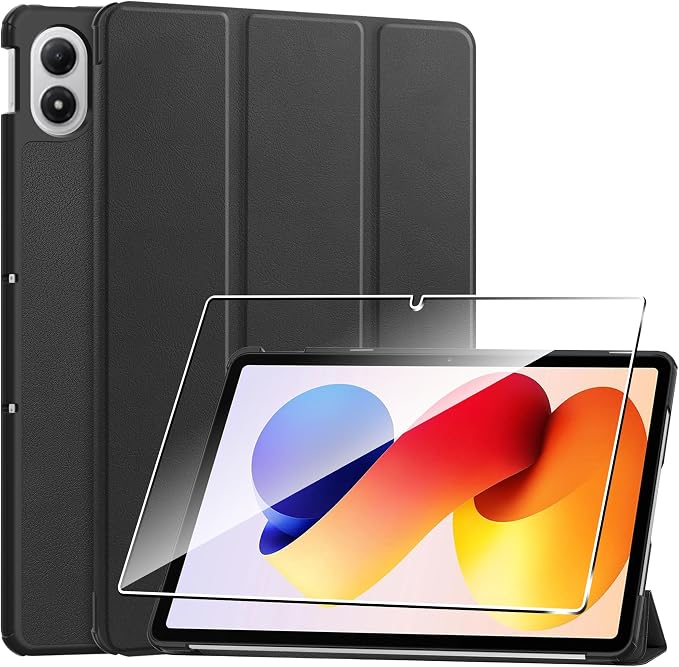 Case for Redmi pad 2 Pro12.1 inchProtective Case with [1 Pack] Tempered Glass Screen Protector [PU Leather] [Protective Ultra Thin][Stand Function] [Anti Scratch]-Black