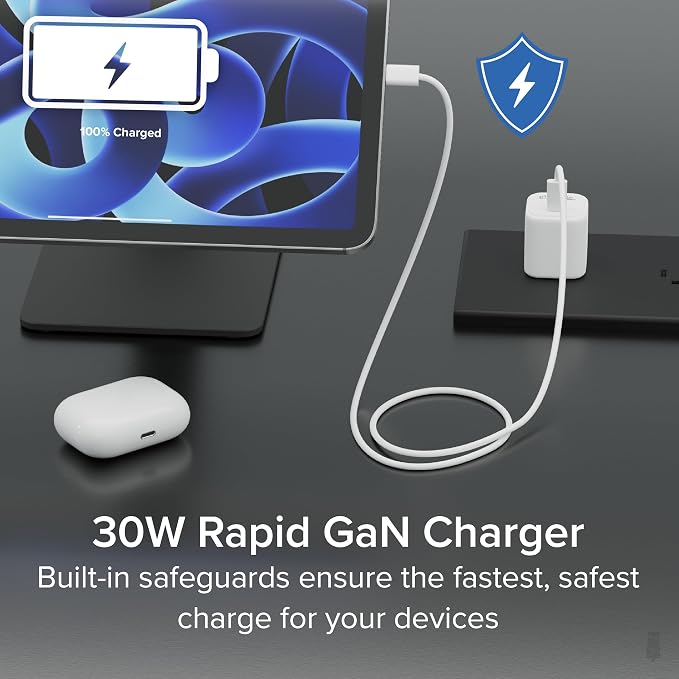 Plugable GaN USB C White Charger Block with 10Gbps USB C to USB C Cable Bundle