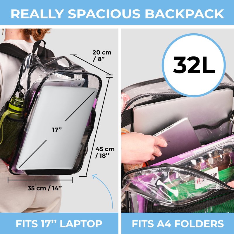 SHYLERO Clear Backpack Heavy Duty has TSA Lock, 2-WAY Zipper. PVC Transparent Backpack Is Extra Large - H18''xW14''xD8