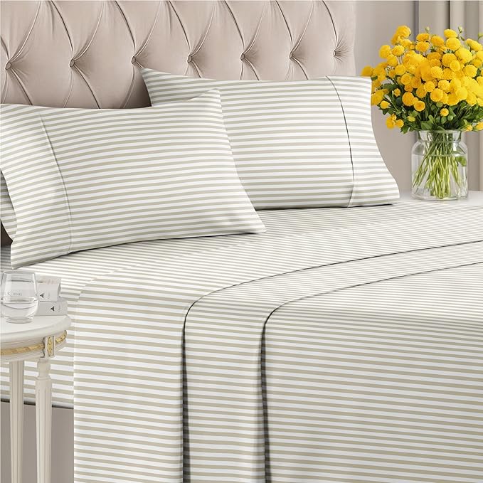 Striped Sheets - Grey Striped Sheets - 1 Flat & 1 Fitted & 2 Pillowcases w/ Deep Pockets – Comfy, Wrinkle & Fade Free - Ultra-Soft, Breathable & Cooling – Luxury Pinstripe Bedding - King Size Bed Set