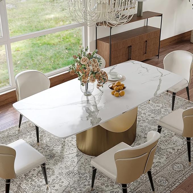 POVISON 71" Hobart Modern Dining Table for 6-8, Matte White Dining Table Sintered Stone Dining Tabletop with Bronze Carbon Steel Pedestal for Dining Room (Table Only)