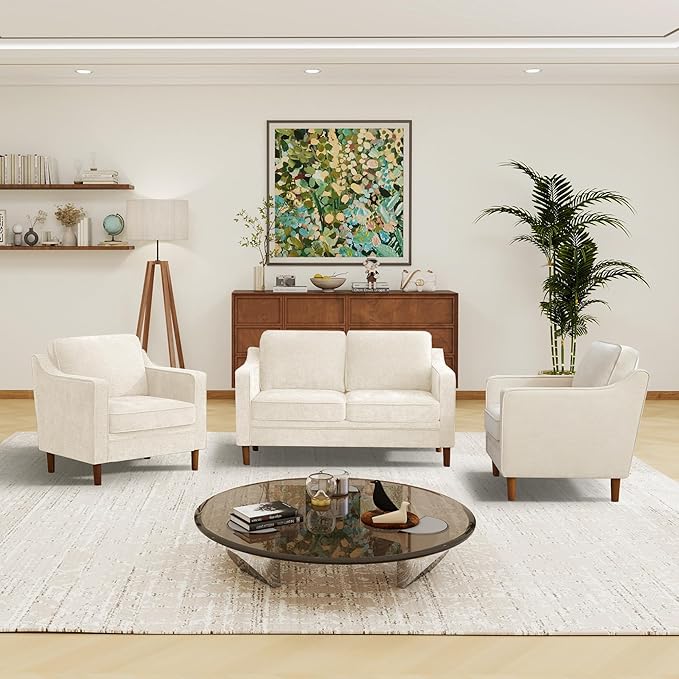 Kingfun Living Room Furniture Sets, 2 Armchair and Loveseat, Mid Century Modern Sofa Set, Chenille Couch with Solid Wood Frame for Living Room & Bedroom, Beige