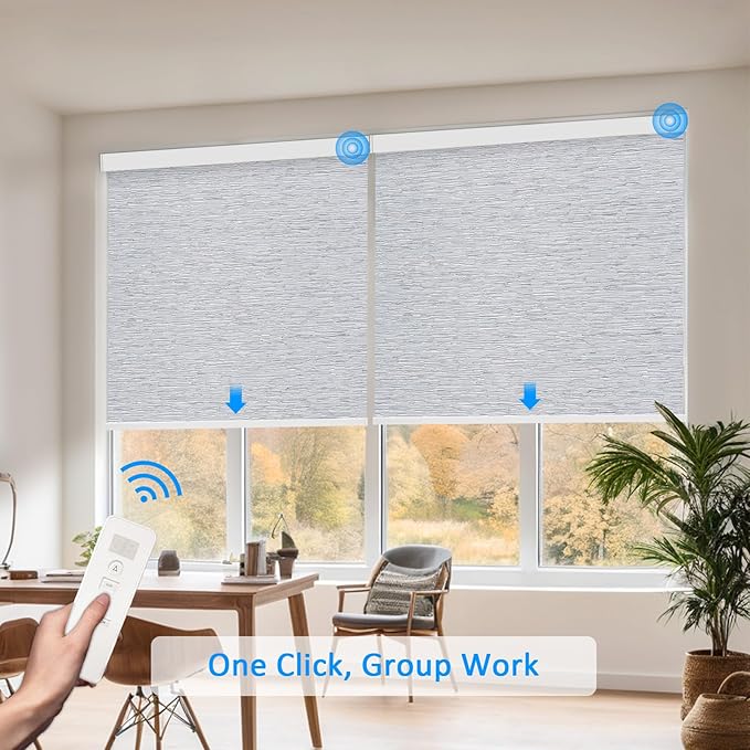 COOLWINDS Motorized Blinds with Remote Cordless Automatic Motorized Shades Custom Blinds for Windows Smart Curtains Compatible with Alexa Google Home(Blackout Jacquard Grey,W55 x H72in)