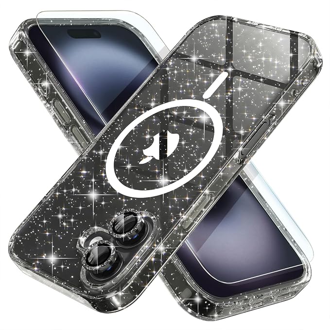 Choiche for iPhone 15 Pro Max Case Compatible with MagSafe Glitter Black | Women Girly Cute Glitter Sparkly Magnetic Phone Case with Diamond Camera Lens Protectors Military-Grade Drop Protection 6.7