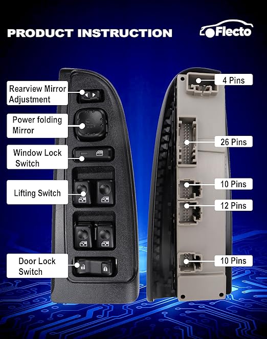 Flecto 15883319 Master Power Window Switch Driver Side with Folding Mirror, Compatible with Cadillac Escalade ESV/EXT & Chevy Silverado, Tahoe, Suburban & GMC Sierra, Yukon & Hummer H2, (2003-2006)