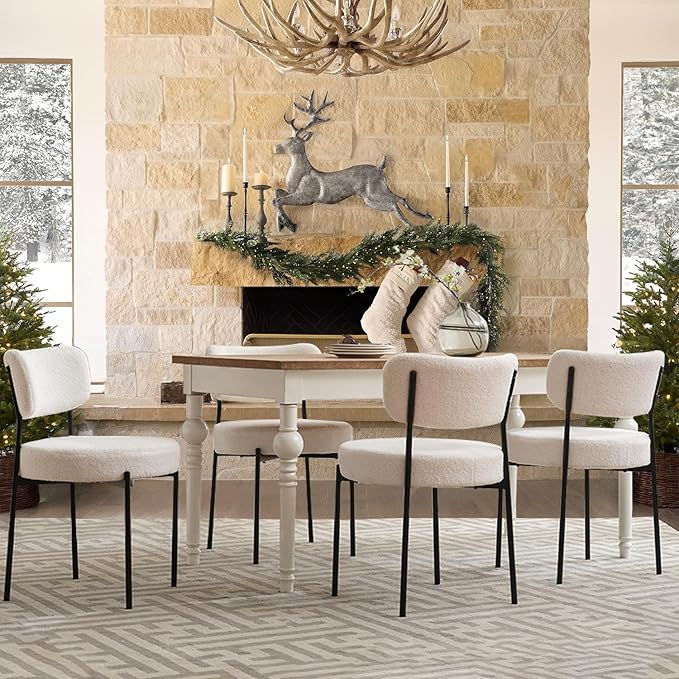 White Boucle Dining Chairs Set of 4, Upholstered Dinner Chair with Metal Frame, Dining Room Chairs with Padded Seat, Round Modern Seating for Living Room