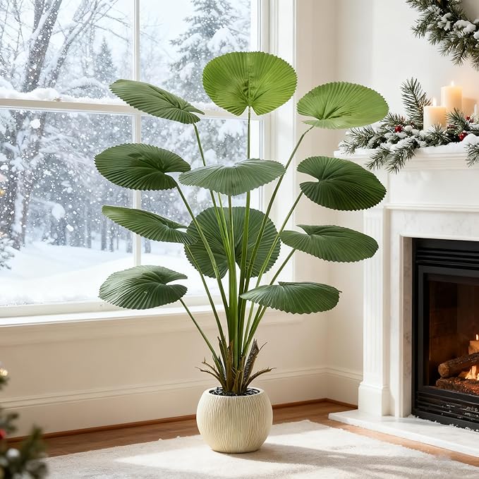 Artificial Palm Tree Faux Fan Palm Tree, 5FT Tall Tropical Areca Floor Plant in Pot Indoor and Outdoor Round Leaves Fake Plant for Home Bathroom Porch Outside Patio Decor