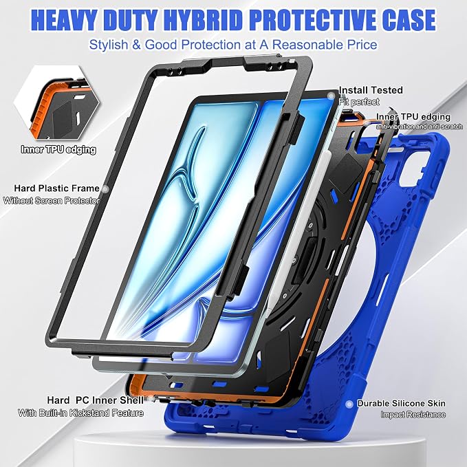 Batianda VortiGrip Case for iPad Air 11 M2/M3/M4 2024-2026 Colorful Blue | Heavy Duty Triple-Layer Rugged Case with 360° Rotating Hand Strap Foldable Hidden Stand Shoulder Strap and Pencil Holder