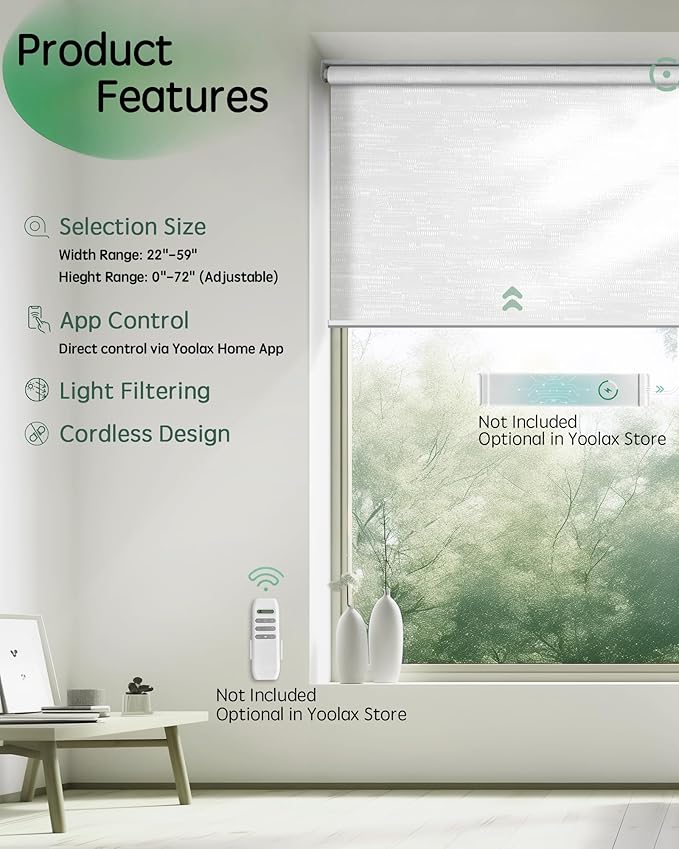 Yoolax Motorized Blinds App Control, Light Filtering Motorized Shades for Windows, Cordless Automatic Roller Shades for Bedroom Living Room Office(Light Filtering Jacquard White, 45" W x 72" H)