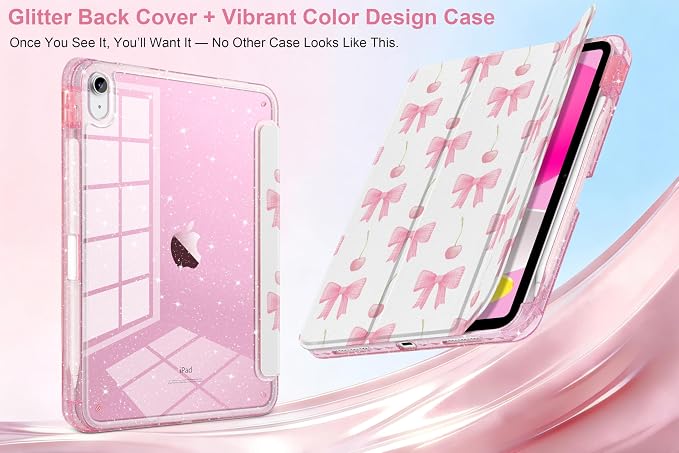 MEEgoodo Case for iPad A16 11th Generation 2025/10th Generation 2022 Glitter Tablet Cases with Transparent Acrylic Back+Trifold Stand +Pencil Holder+Auto Wake/SleepAbstract Sun &amp Palm Tree