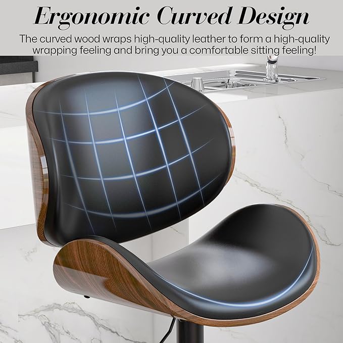 Adjustable Swivel Bar Stools Set of 2, Modern Bentwood Barstool with Large Metal Base and Footrest, PU Leather Upholstered Bar Chair with Curved Back for Kitchen Island Dining Room, Black
