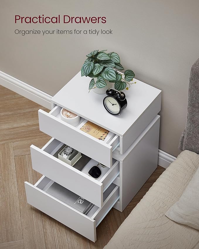 VASAGLE Nightstands with LED Lights, Set of 2, Adjustable Light Colors, Bedside Tables, Side Tables with 3 Drawers, Modern Style, 13.8 x 15.7 x 21.7 Inches, Cloud White ULET799T12
