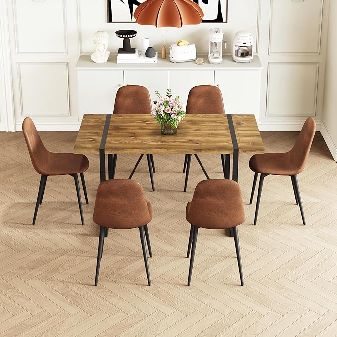 Rustic 7 Piece Dining Room Table Set for 6 People, Mid Century Modern 55 Inch Rectangle Wood Kitchen Dining Table with 6 Fabric Chairs Set, Suitable for Kitchen Dining Room