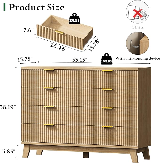 Fluted Dresser with 8 Drawers, 54" Wide Modern Chest of Drawers with Metal Handle, Wooden Dresser TV Stand, Wood Closet Clothes Storage Organizer for Bedroom, Living Room, Hallway, Natural Oak