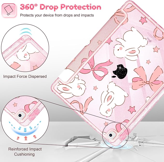 Case for iPad 9th/ 8th/ 7th Generation 10.2-Inch Case(2021/2020/2019 Release) Glitter Tablet Cases with Transparent Acrylic Back+Trifold Stand+Pencil Holder+Auto Wake/Sleep Bows-Stripe