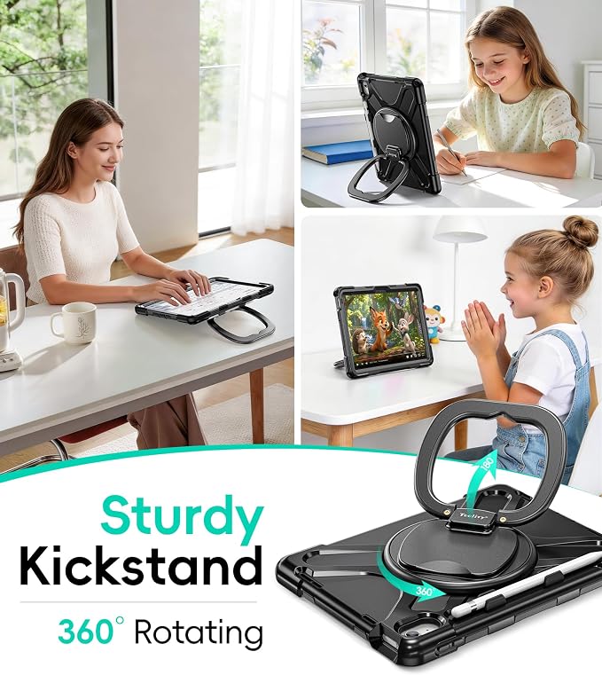 Case for iPad (A16) 11th/10th Generation - 2025/2022 (11″/10.9″) | 4 Layers Drop Protection iPad Case with Screen Protector 360° Rotating Stand Shoulder Strap Pencil Holder Black