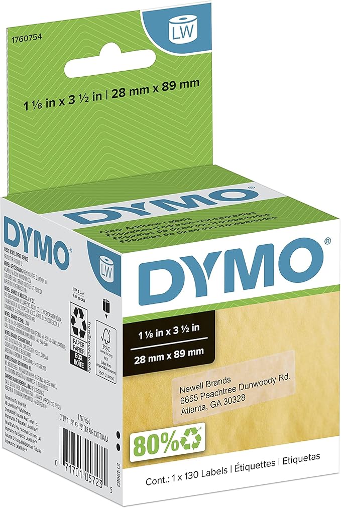 DYMO LW Mailing Address Labels for LabelWriter Label Printers, Clear, 1-1/8-Inch x 3-1/2-Inch, Self-Adhesive, 1 Roll of 130